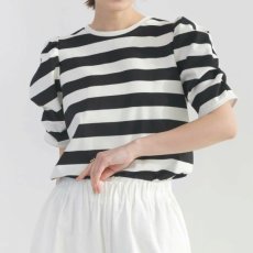 画像1: 【 PICCIN 】ピッチン 袖ギャザー パワーショルダー ボーダー プルオーバー カットソー 春夏秋 レディース  (1)