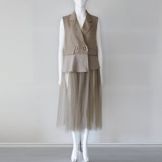 画像1: 【 RISLEY 】 リズレー リズレイ Long tulle tailored collar gilet 異素材コンビ 3Way チュール ベスト ジレ 春秋 レディース  (1)