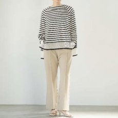 画像2: 【予約商品】《納期：2026年3月1日〜10日》【 Lallia Mu 】ラリアムー 異素材コンビ ゆったりシルエット メッシュヘム ボーダー フレア プルオーバー 春秋冬 レディース  (2)